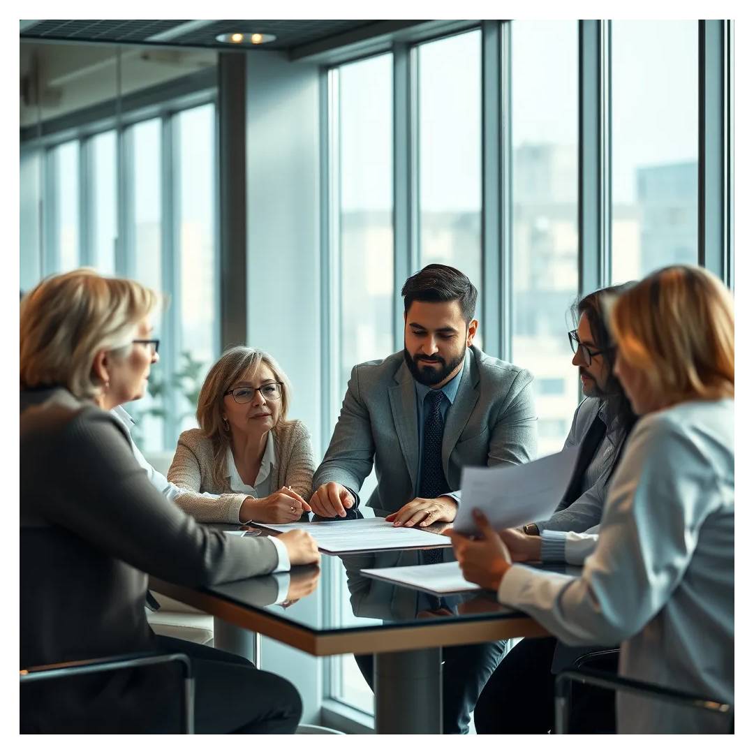 Un grupo de personas, entre ellas un agente inmobiliario, sentadas alrededor de una mesa en una oficina moderna, están analizando un contrato y discutiendo los detalles.