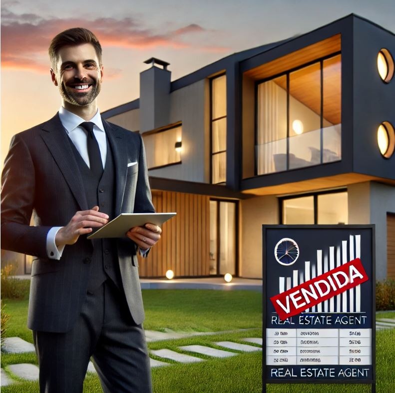 Un agente inmobiliario de pie frente a una casa moderna con un cartel de "VENDIDA" en el césped. El agente sostiene una tableta con un gráfico que muestra las tendencias del mercado inmobiliario.