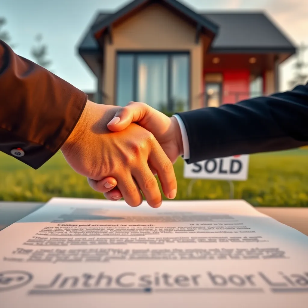 Primer plano de una mano estrechando otra mano delante de un contrato firmado. El fondo muestra una casa moderna con un cartel de "Vendido" en el césped.
