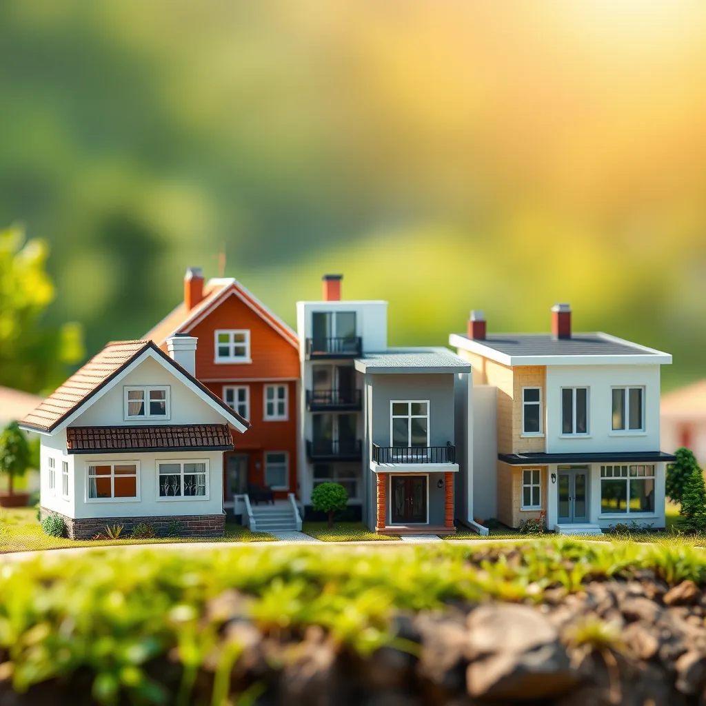 Una colección de casas en miniatura que representan distintos tipos de propiedades inmobiliarias, como una casa unifamiliar, un condominio, una propiedad de alquiler y un edificio comercial. Cada casa debe estar estilizada con diferentes colores y materiales para representar la diversidad. El fondo debe ser un paisaje luminoso y atractivo.