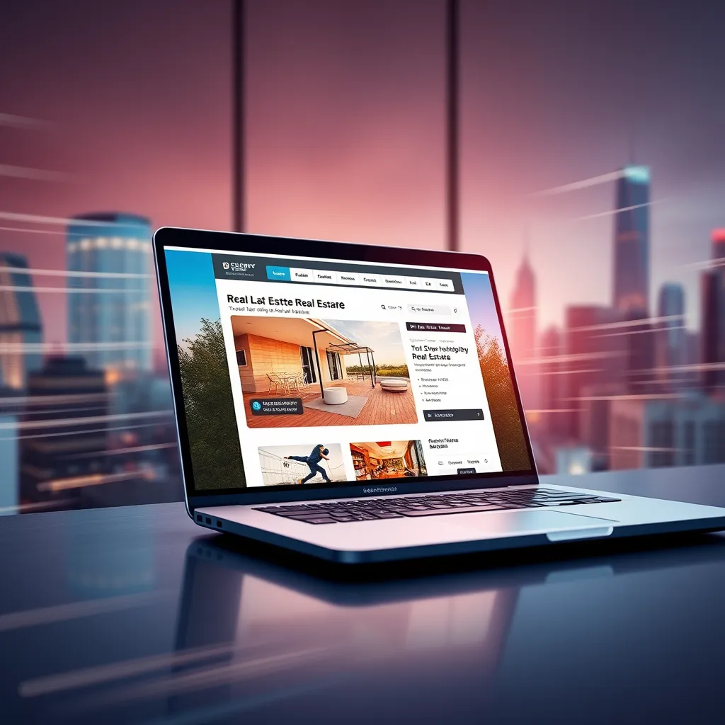 Una imagen dinámica y moderna que representa el concepto de marketing digital para el sector inmobiliario. Imagine una elegante computadora portátil con un sitio web abierto a una lista de propiedades inmobiliarias, con fotos de alta calidad de la propiedad y una opción de recorrido virtual. La computadora portátil está ubicada sobre un escritorio con un paisaje urbano de fondo, lo que representa el alcance y la accesibilidad del marketing digital. La imagen debe tener una paleta de colores vibrantes y una sensación de movimiento y energía. La iluminación debe ser suave y difusa, con un enfoque en la pantalla de la computadora portátil. El ambiente general debe ser enérgico y emocionante, reflejando el poder del marketing digital para conectar a compradores y vendedores.