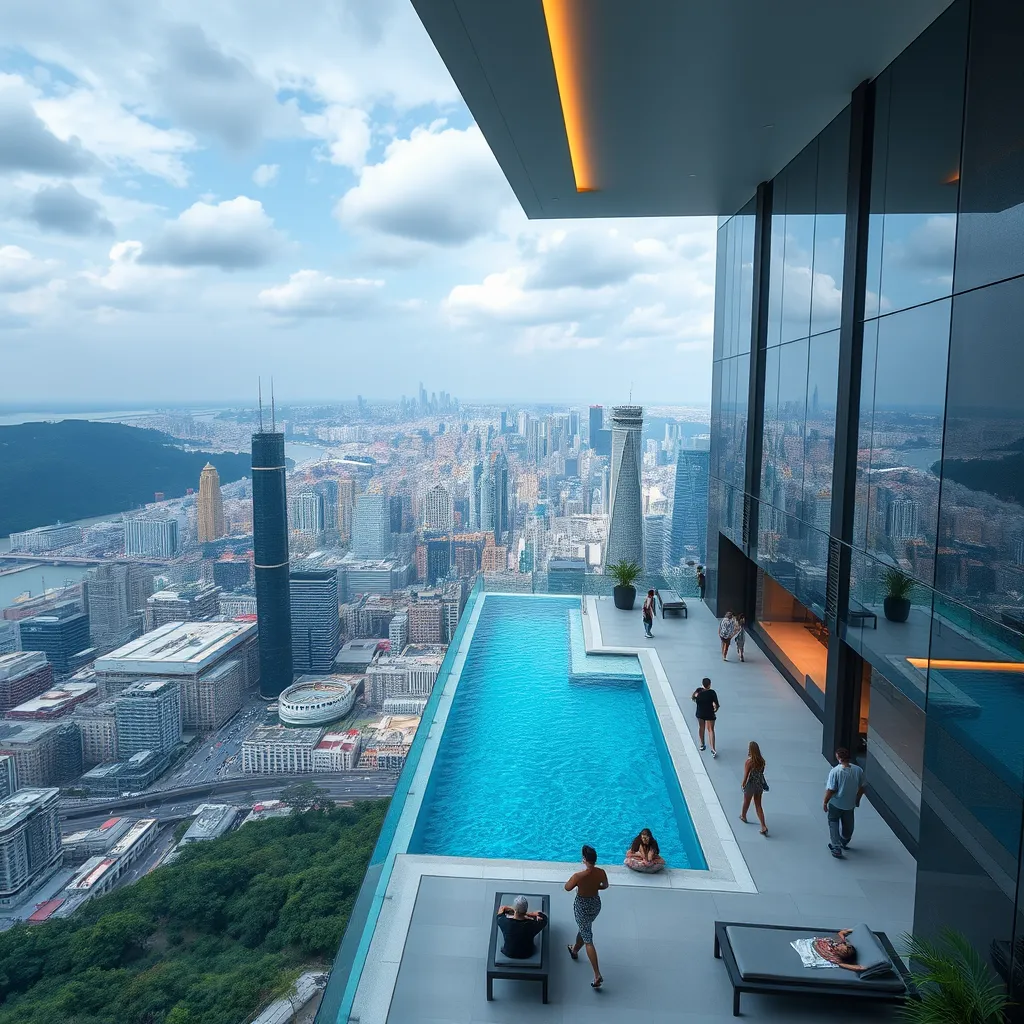 Un edificio alto con piscina y vistas panorámicas de la ciudad. El edificio debería estar ubicado en la cima de una colina, con vistas a un centro vibrante de la ciudad. Se ve a la gente disfrutando de las comodidades y de las vistas de la ciudad.
