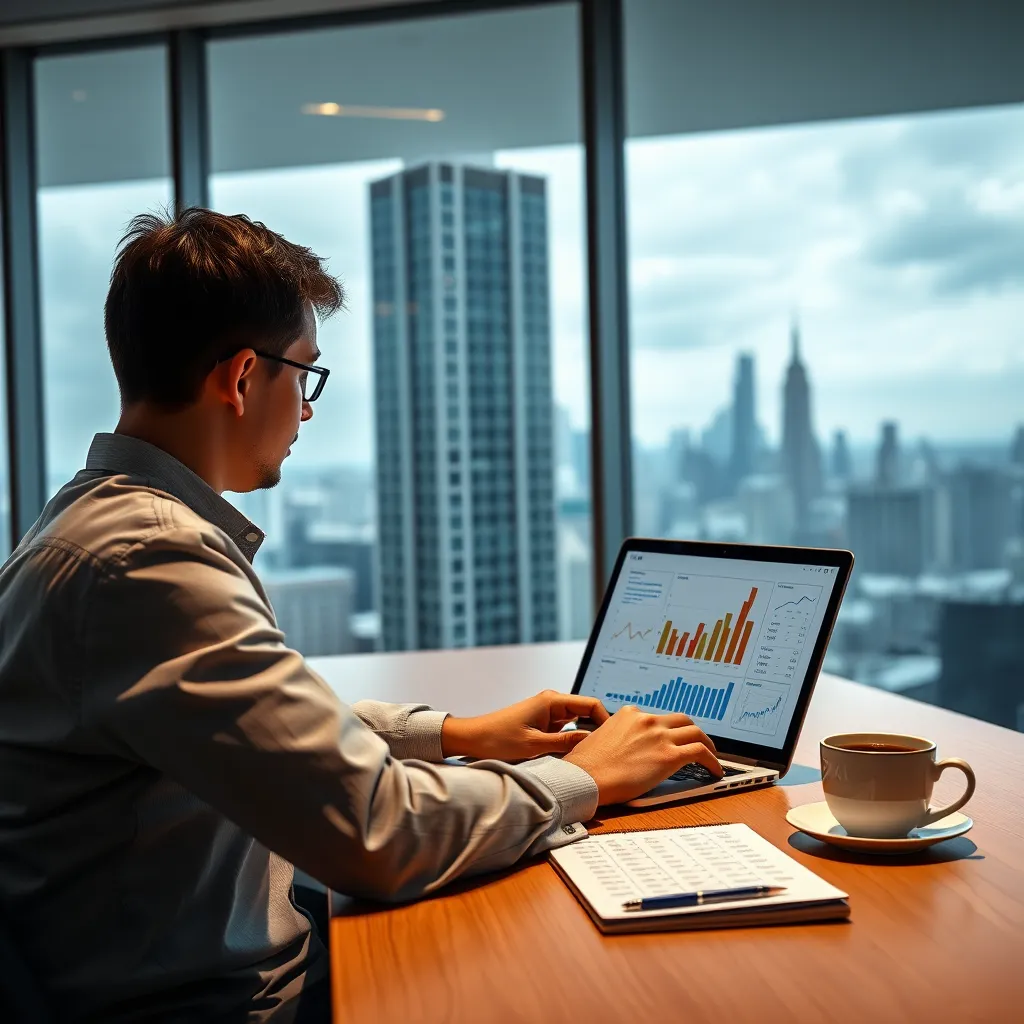 Una persona sentada en un escritorio con una computadora portátil, mirando gráficos y cuadros sobre las tendencias del mercado inmobiliario. El fondo debe ser una oficina moderna con grandes ventanales con vista al horizonte de la ciudad. Debe haber una taza de café y un bloque de notas con cálculos al lado de la computadora portátil.