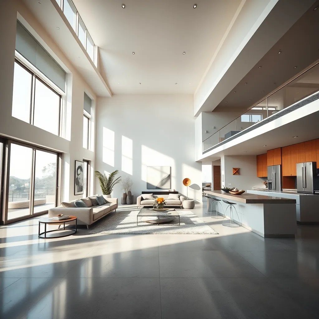 Una imagen fotorrealista impresionante de una casa moderna de lujo con un plano de planta abierto. La cámara está ubicada en un ángulo bajo, mirando hacia los techos altos. La sala de estar está bien iluminada con luz natural suave y difusa que entra a través de grandes ventanales. Hay elegantes muebles modernos dispuestos de manera cómoda y acogedora, y las paredes están decoradas con arte minimalista. Los pisos son de concreto pulido y la cocina cuenta con electrodomésticos de acero inoxidable y una gran isla. La imagen debe ser ultra detallada, con un enfoque en las texturas y los materiales. El ambiente general debe ser lujoso, cómodo y acogedor. La imagen debe estar renderizada en una resolución de 8K y tener una profundidad de campo cinematográfico.