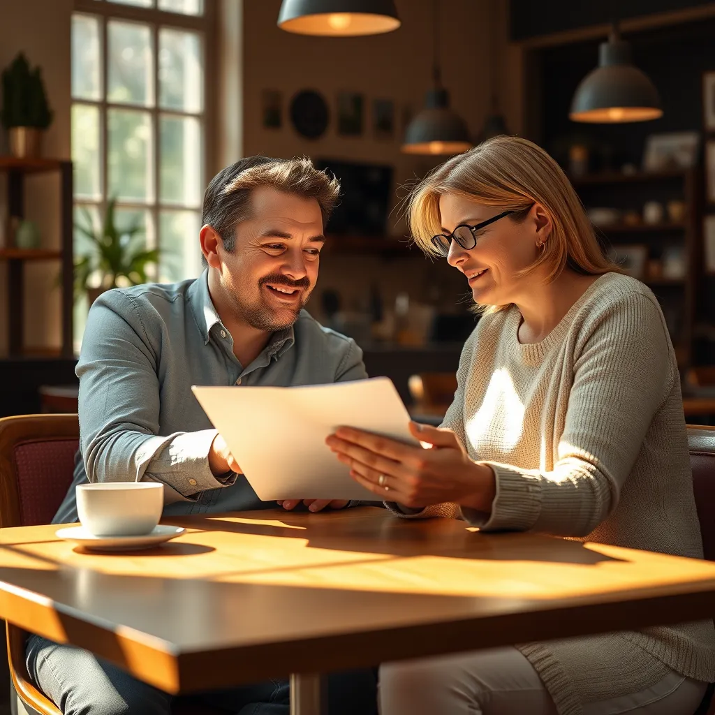 Una imagen cálida y acogedora de un agente inmobiliario y un cliente sentados juntos en una mesa en una cafetería acogedora. El agente explica un documento o plan al cliente con un comportamiento amistoso y accesible. El cliente está atento y escuchando atentamente. El entorno debe ser luminoso y cómodo, con una luz natural suave que entre por las ventanas. La imagen debe transmitir una sensación de confianza, profesionalismo y atención personalizada. El estado de ánimo general debe ser positivo y optimista, reflejando la confianza y el apoyo que el agente brinda a sus clientes.
